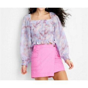 Future Collective Women's Watercolor Long Sleeve Smocked Top Purple Size XL